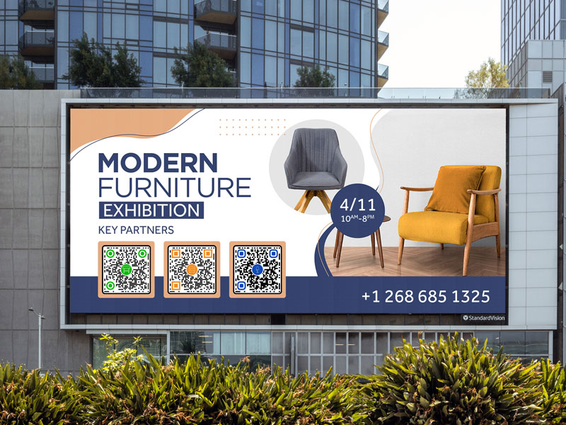 An event advertisement billboard with many QR codes with logos inside