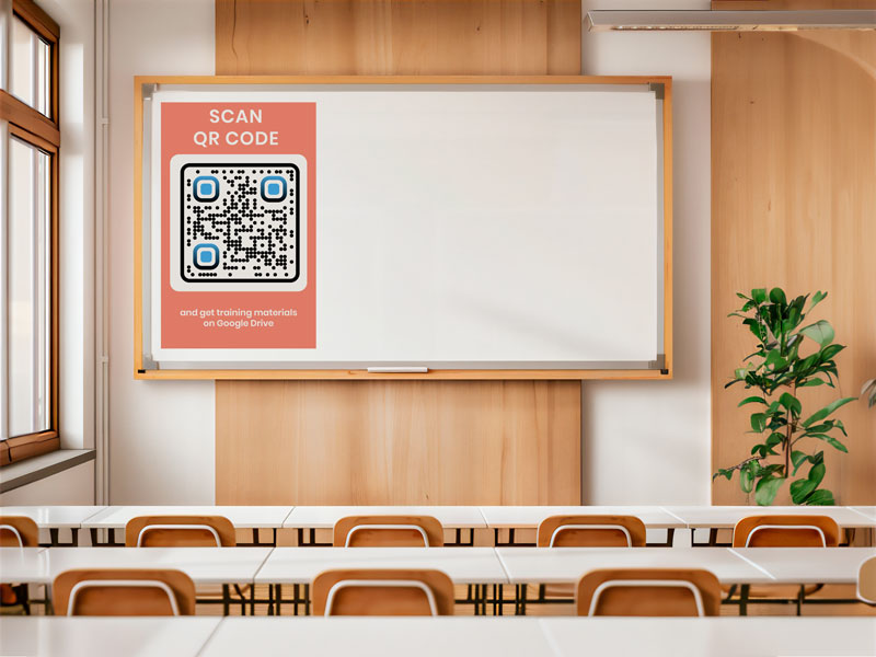Código QR de Google Drive impreso en una pizarra en el aula