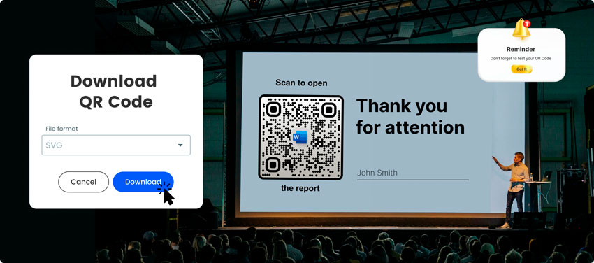 Clicking on the download button to save the Word QR code